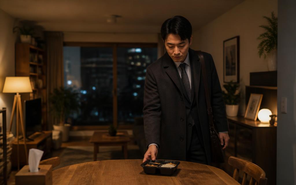 퇴근 후 코트를 입은 채 식탁에 간편식을 놓는 저녁 장면